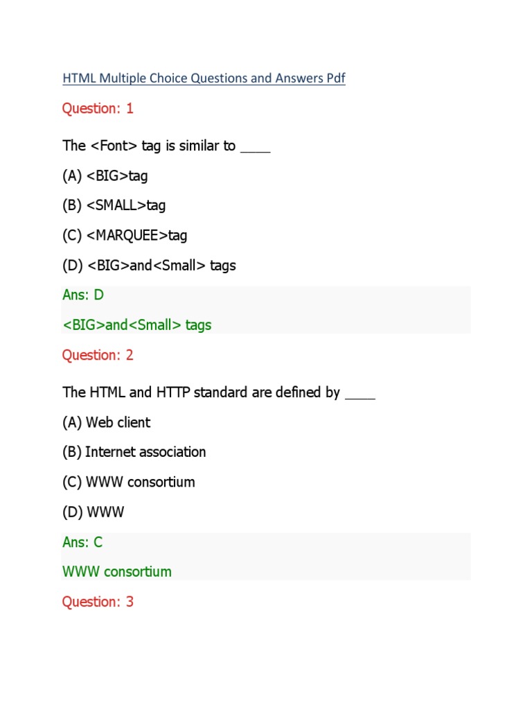 HTML Multiple Choice Questions and Answers | PDF