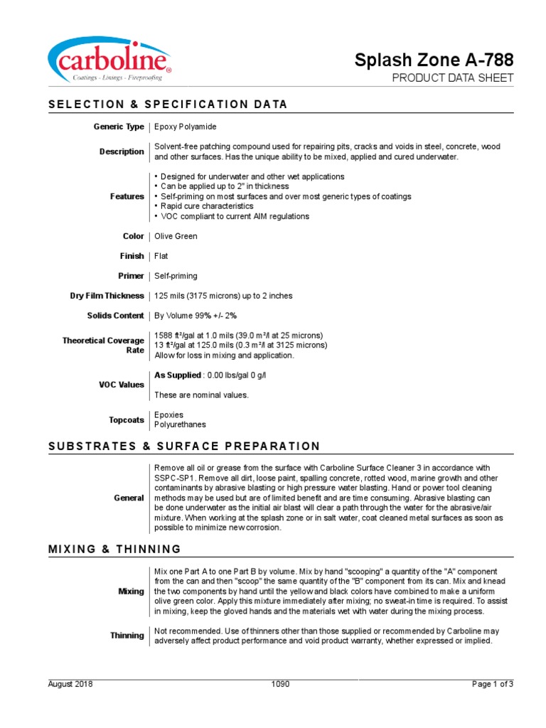 A-788 Splash Zone Epoxy Data Sheet | PDF | Paint | Water