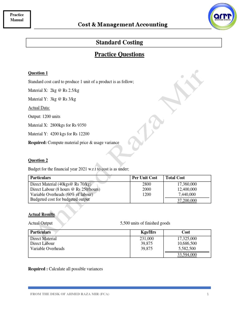 Standard Costing Practice Questions Pdf Management Accounting