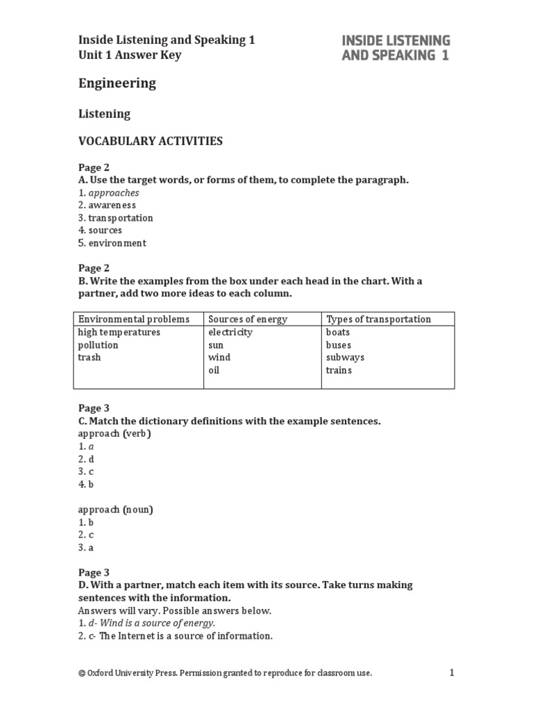 Engineering: Inside Listening and Speaking 1 Unit 1 Answer Key ...