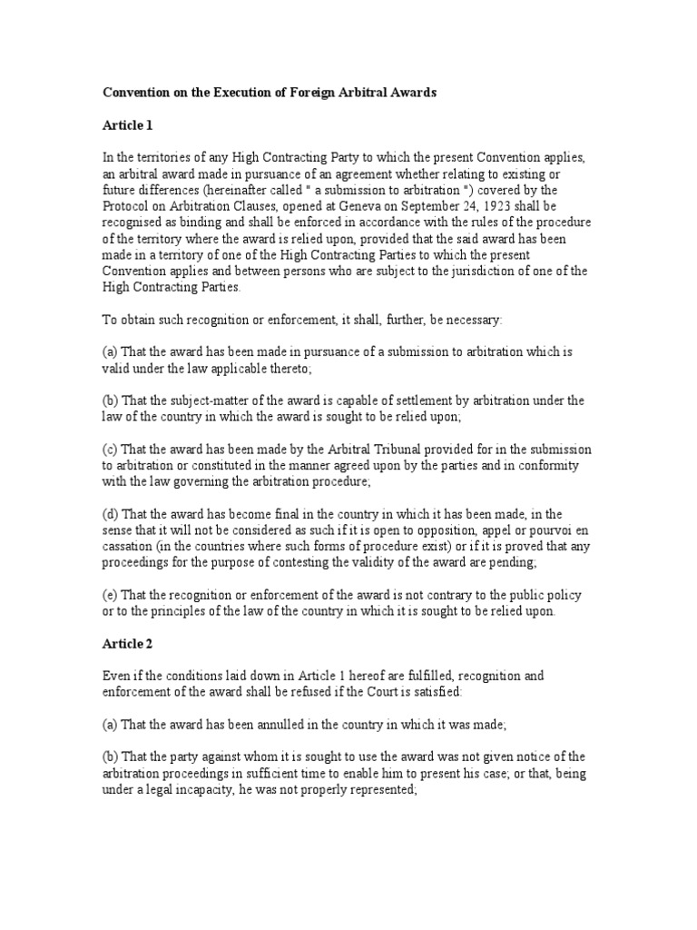 1927 Convention on Arbitral Awards | PDF | Treaty | Arbitration