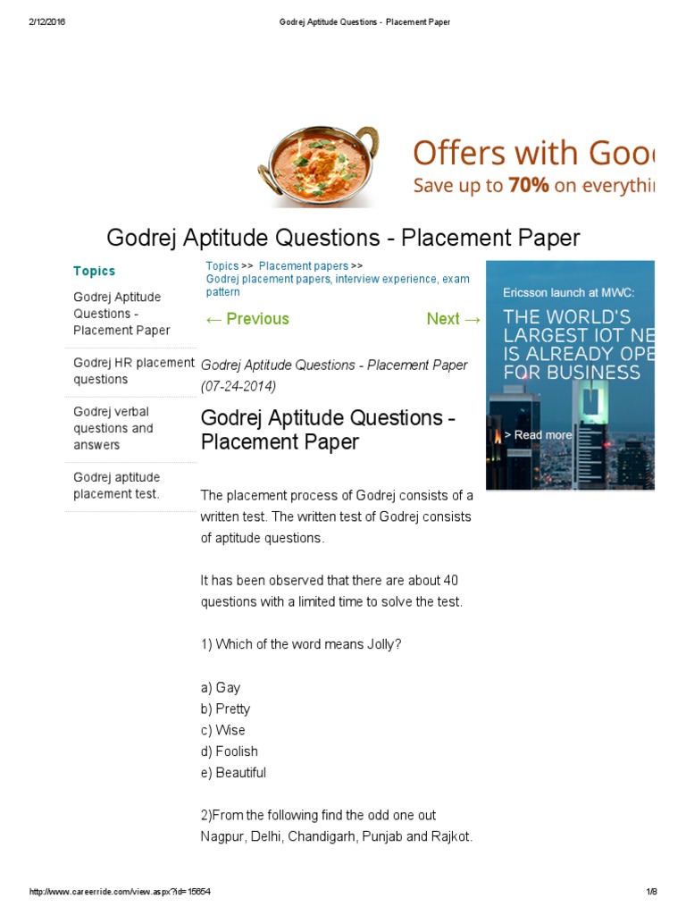 Godrej Aptitude Questions Placement Paper PDF Test (Assessment)
