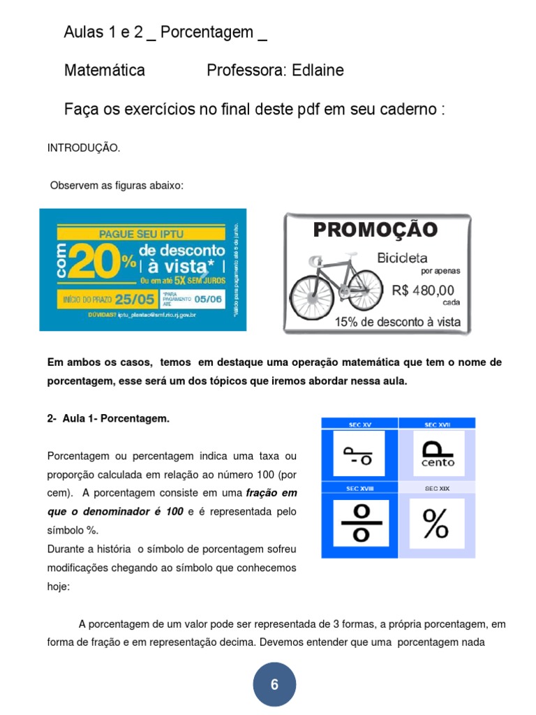 Aula de Porcentagem: Conceitos e Cálculos | PDF | Percentagem | Ensino ...