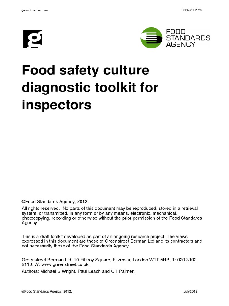 Food Safety Culture Diagnosis Toolkit For Inspectors PDF Food Safety Regulatory Compliance