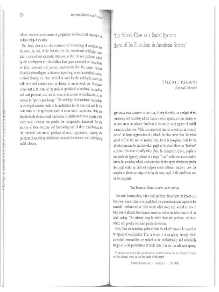 Parsons Talcott The School Class As A Social System Some of Its