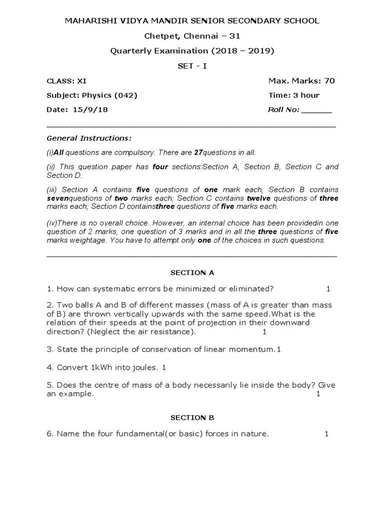Class 11 Physics Quarterly Exam Paper | PDF | Acceleration | Velocity