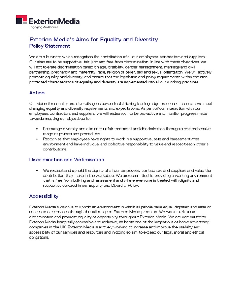 Equality and Diversity Policy Statement August 2015 Signed | PDF ...