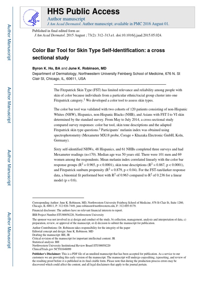 HHS Public Access: Color Bar Tool For Skin Type Self-Identification: A ...