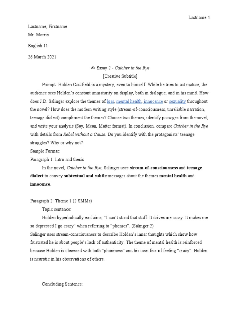 Catcher in The Rye Loss Mental Health Innocence Sexuality PDF J. D