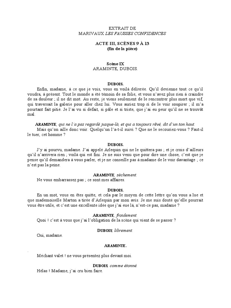 Les Fausses Confidences Résumé Scène Par Scène Marivaux, Les Fausses Confidences (Acte III, Scènes 9 À 13) | PDF