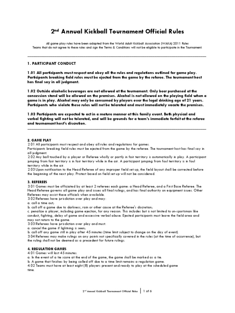 Kickball Tournament Official Rules Terms 2011 PDF Baseball Field Referee