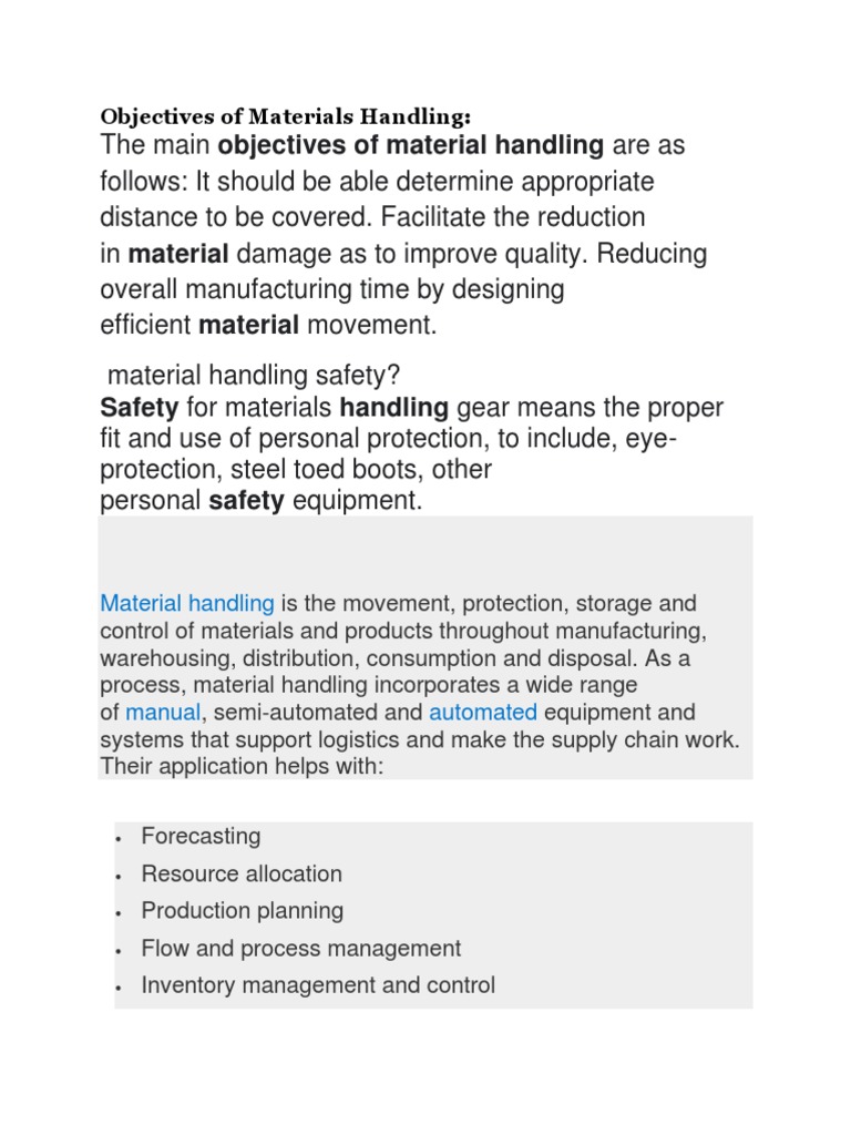 Objectives of Materials Handling PDF Warehouse Supply Chain