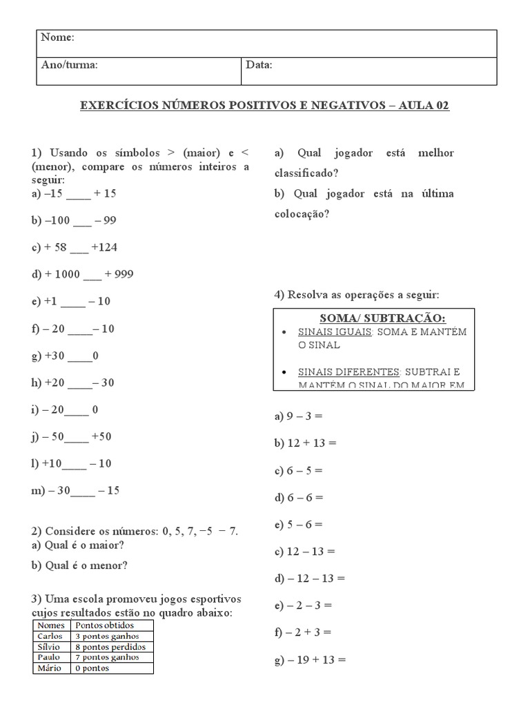 7o Ano - Exercício - Números Positivos e Negativos - Aula 02 | PDF ...