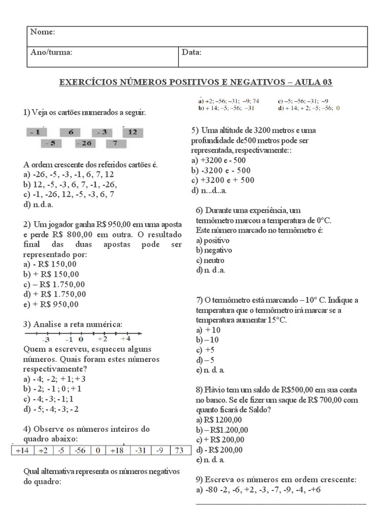 7o Ano - Exercício - NÚMEROS POSITIVOS E NEGATIVOS - AULA 03 | PDF ...