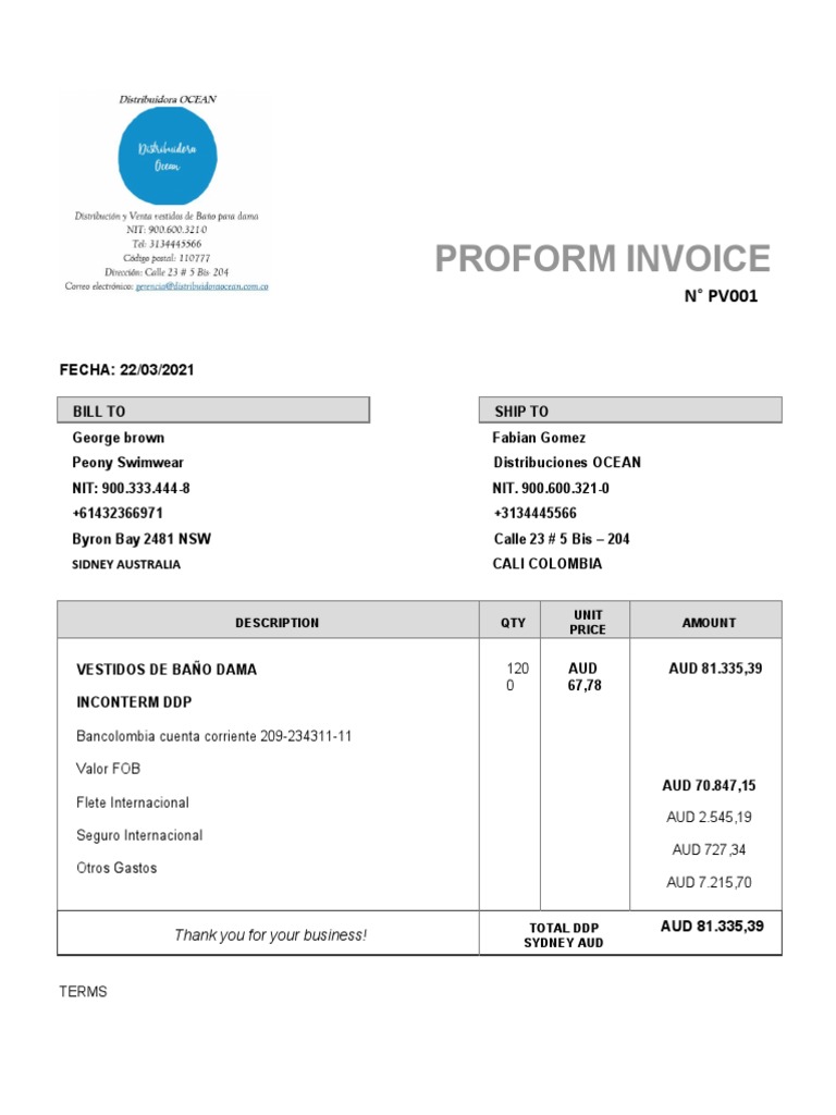 Proforma Invoice for Swimwear Purchase | PDF