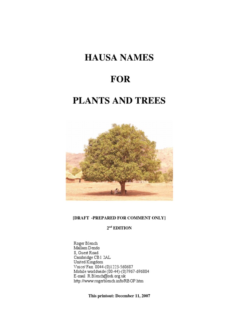 Hausa names for plants and trees Roger Blench Tone (Linguistics) Vowel