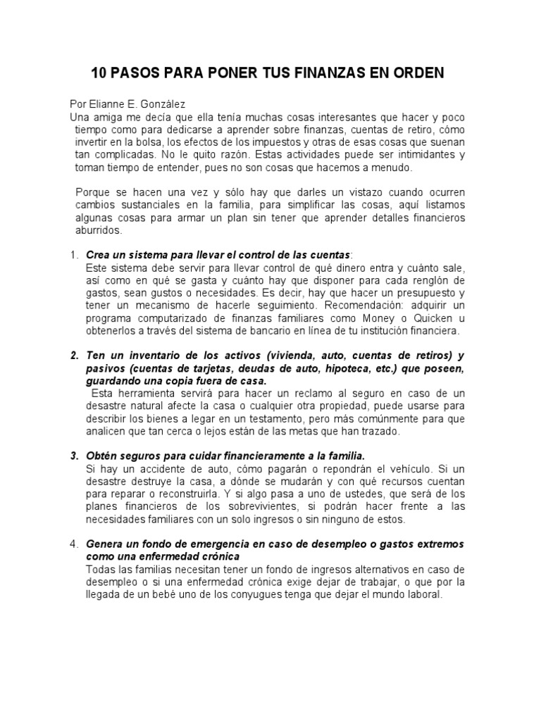 10 Pasos para Poner Tus Finanzas en Orden | PDF | Economias | Seguro de ...