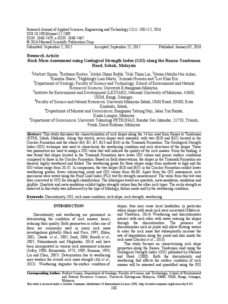 Rock Mass Assessment Using Geological Strength Index (GSI) Along The ...
