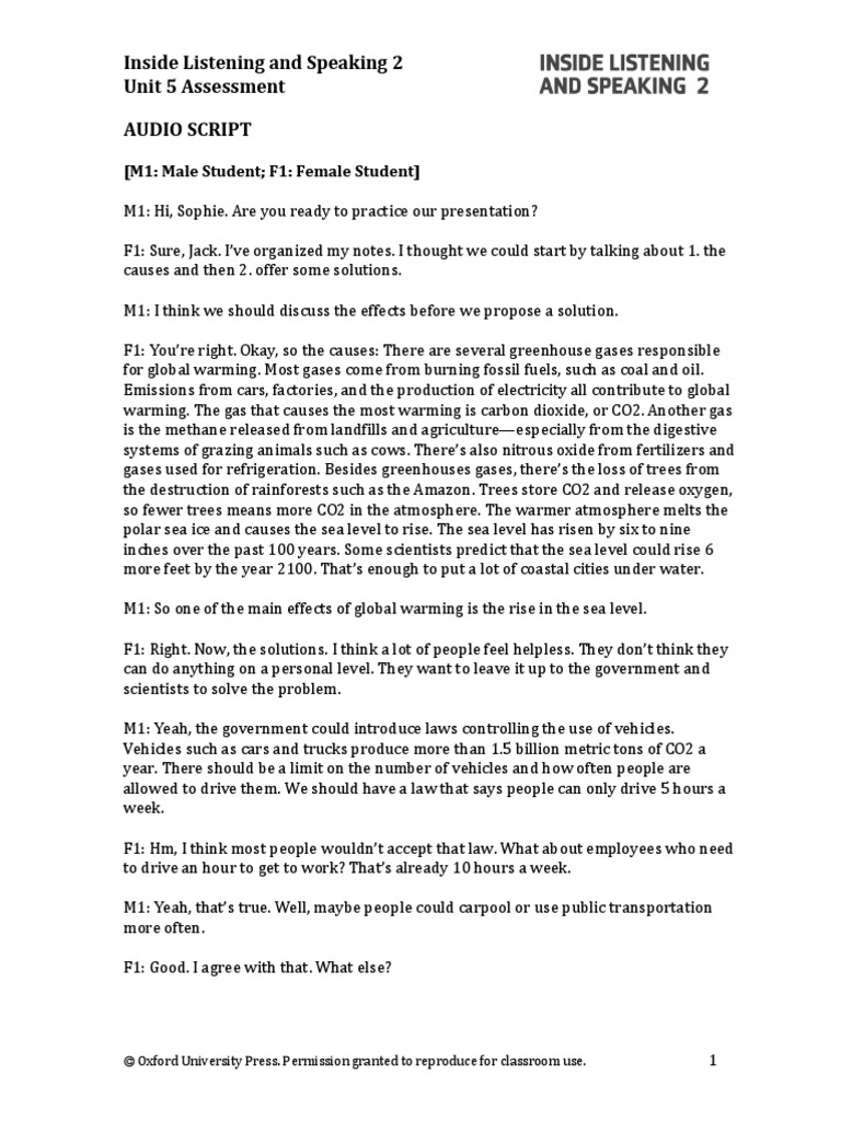 Inside Listening and Speaking 2 Unit 5 Assessment Audio Script | PDF ...