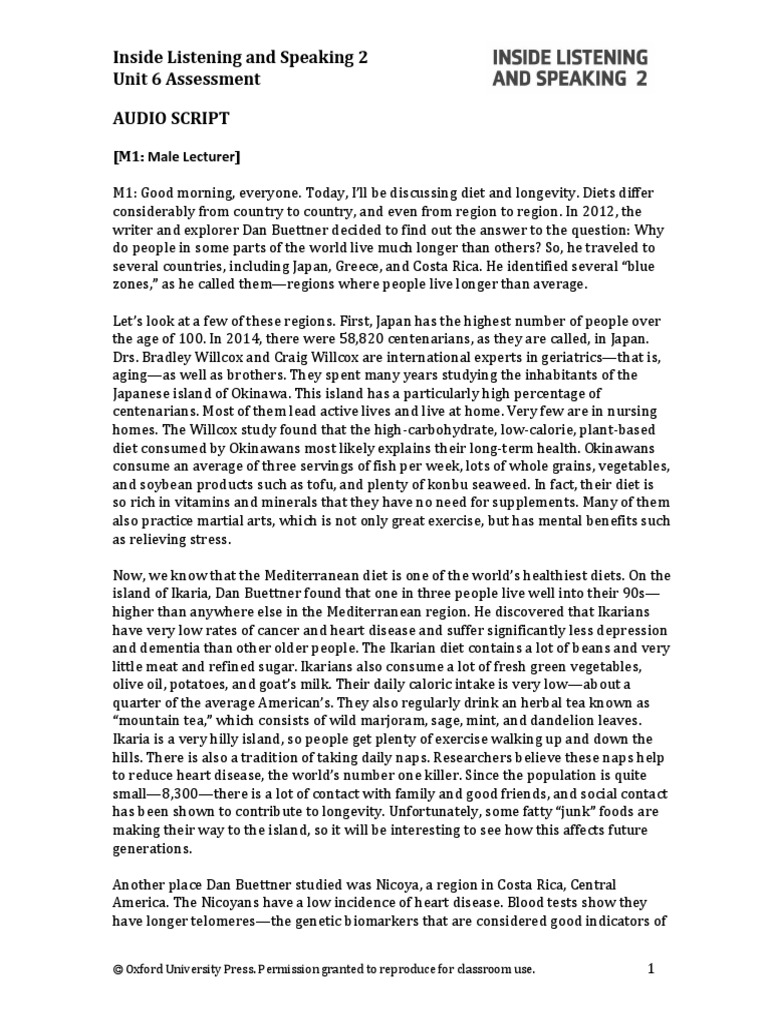 Inside Listening and Speaking 2 Unit 6 Assessment Audio Script | PDF ...
