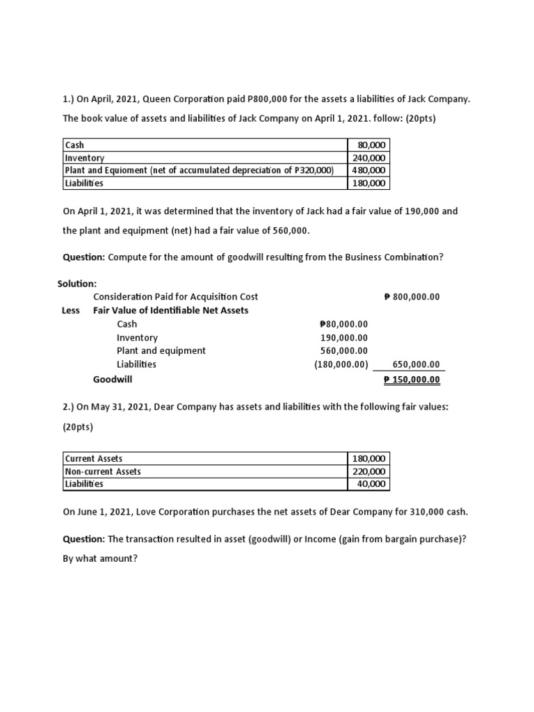 Goodwill Calculation in Business Acquisitions | PDF | Book Value ...