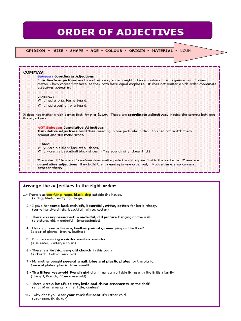 Adjective Order Rules and Examples | PDF | Adjective | Linguistic Typology