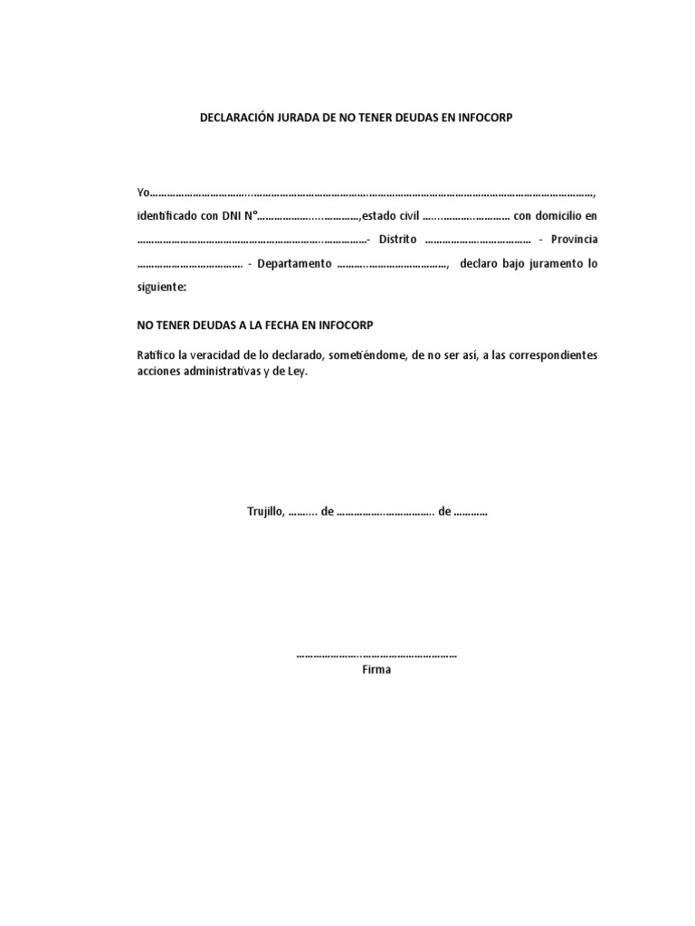 Declaracion Jurada de No Tener Deudas en Infocorp | PDF