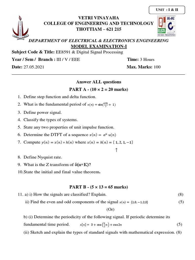 Ee8591 DSP Model 1 PDF Digital Signal Processing Applied Mathematics