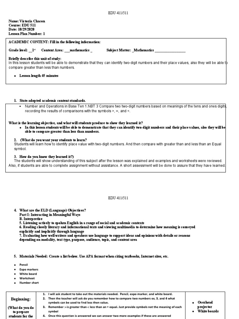 Grade 1 Greater/Less Than Lesson Plan | PDF | Worksheet | Lesson Plan