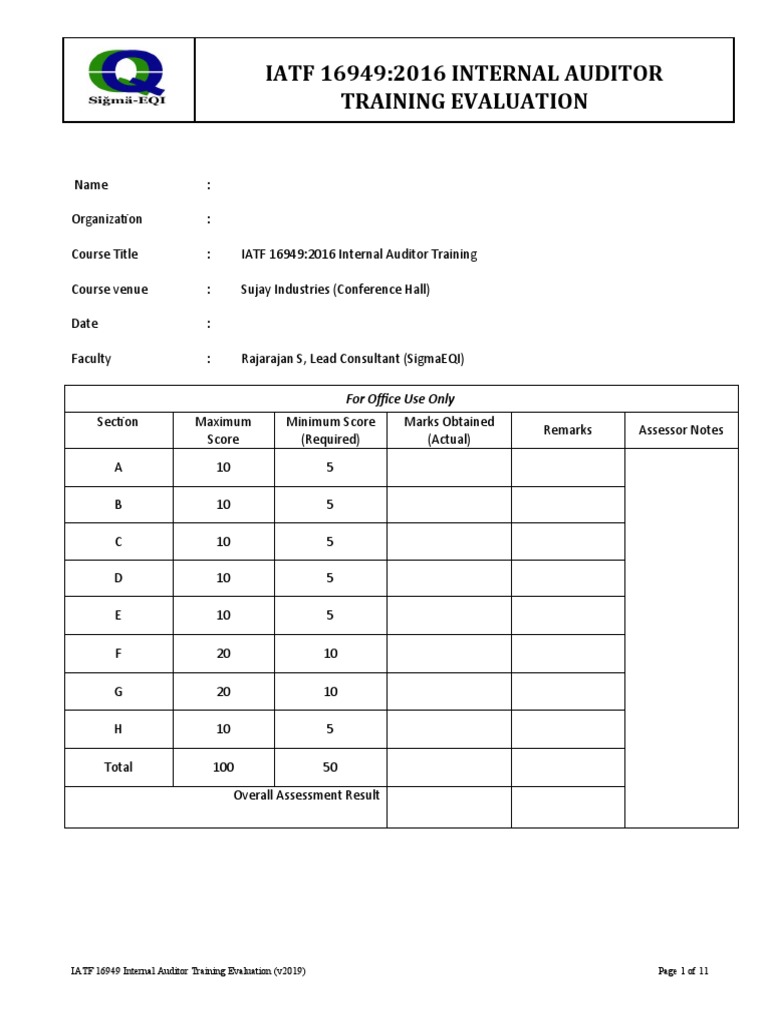 IATF 16949:2016 Auditor Training Evaluation | PDF | Internal Audit | Audit