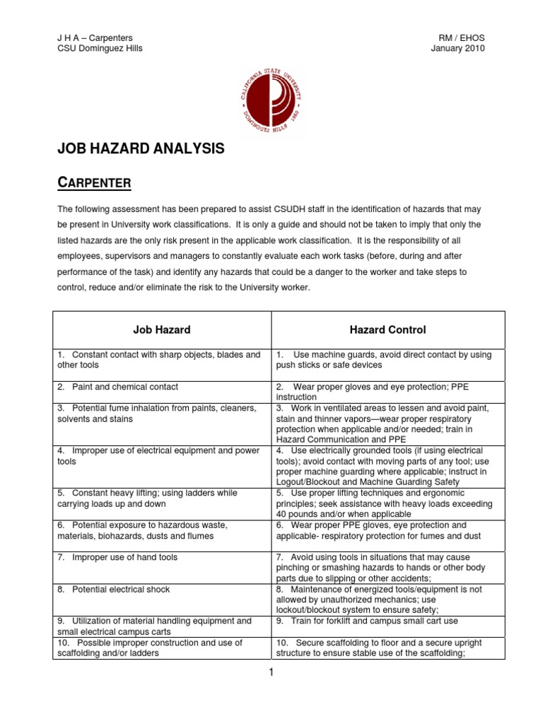 JOB Hazard Analysis C: Arpenter | PDF | Personal Protective Equipment ...
