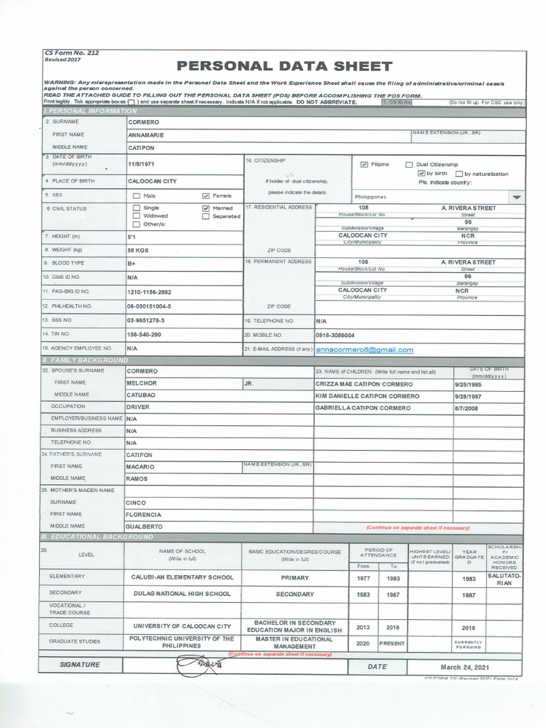 Personal Data Sheet PDF