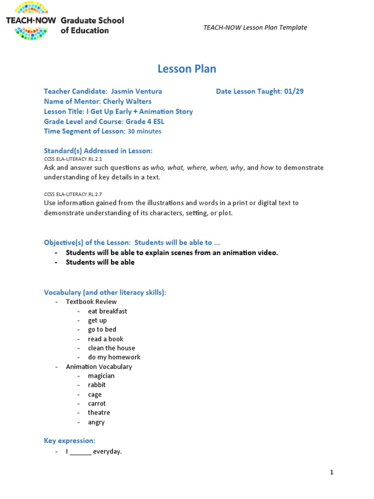 ESL Animation Lesson Plan for Grades 4 | PDF | Lesson Plan | English As ...