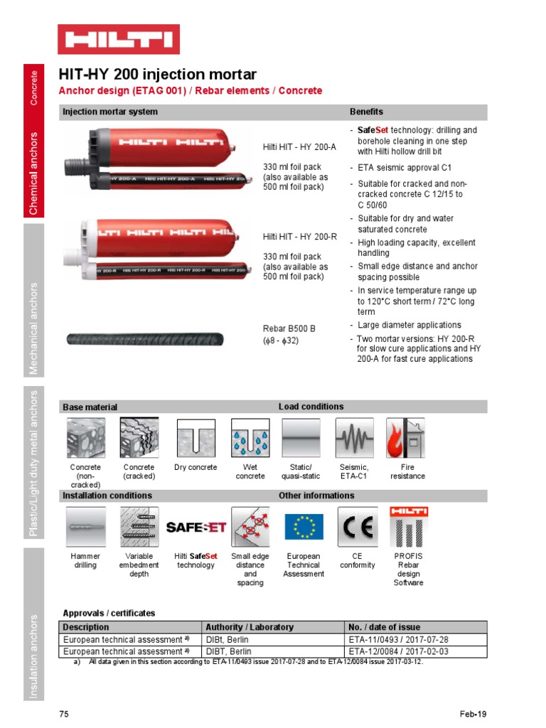 Hilti HIT-HY 200 Injection Mortar Guide | PDF | Drill | Concrete