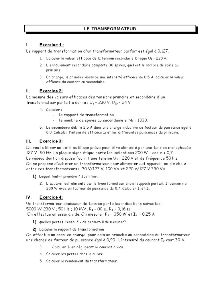 Rapport de transformation d'un transformateur PDF Transformateur — free download