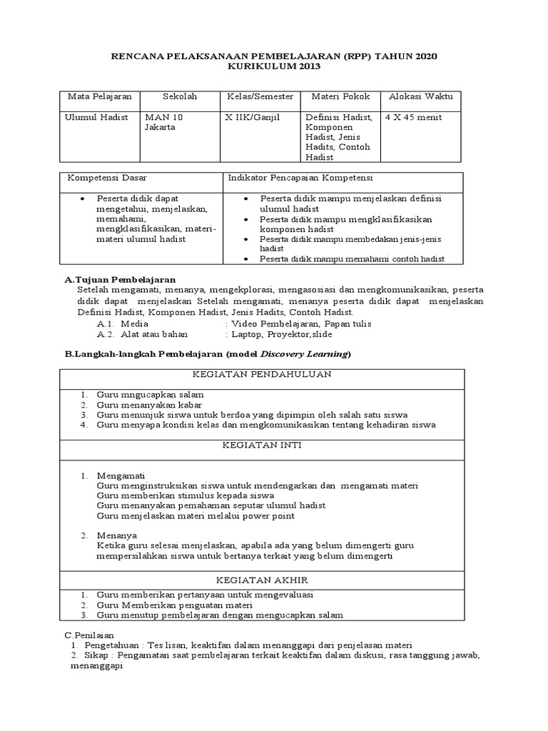 RPP Microteaching Dony (Ulumul Hadist) | PDF | Karier & Perkembangan