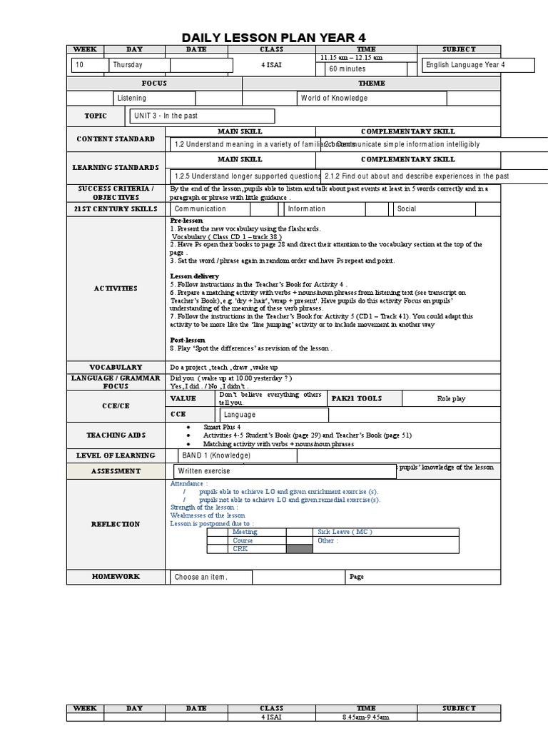 English Year 4 - Week 8 | PDF | Lesson Plan | Question