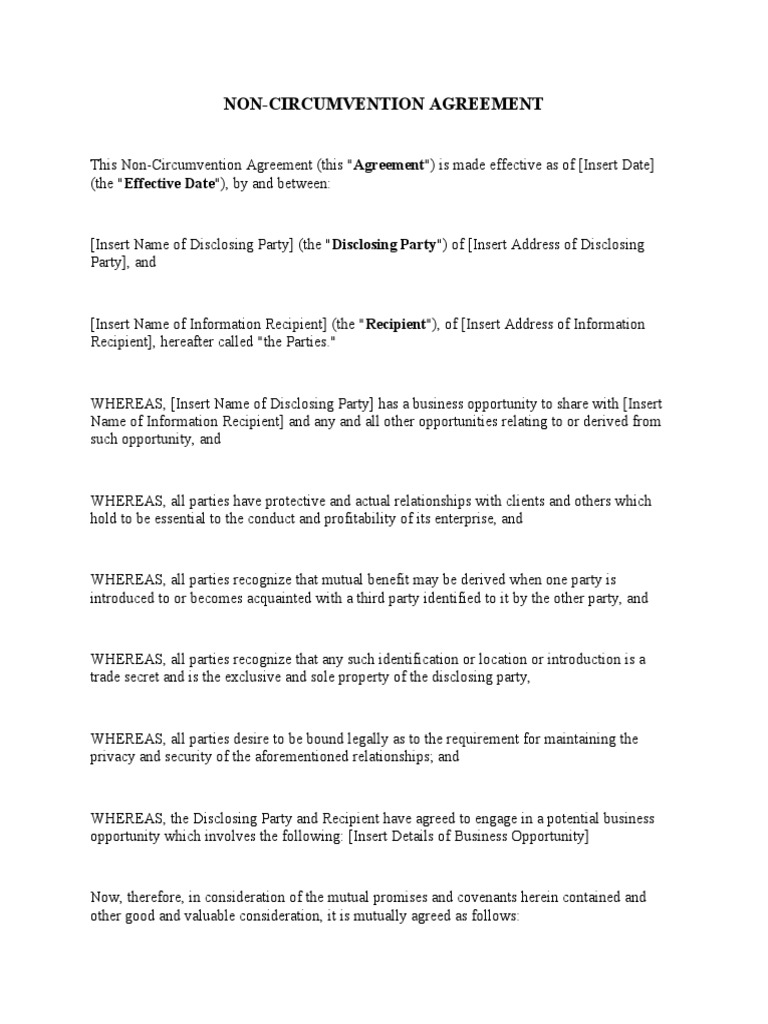 Non Circumvention Agreement | PDF | Arbitration | Confidentiality