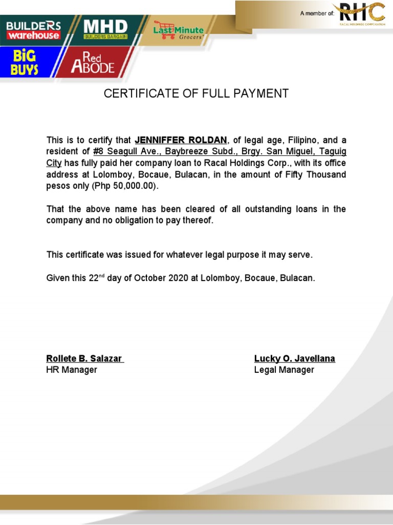 Certificates of Full Payment for Loans from Racal Holdings Corp. PDF