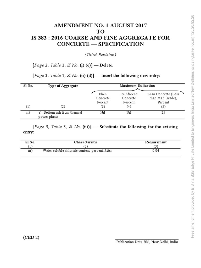 Amendment No. 1 August 2017 TO Is 383: 2016 Coarse and Fine Aggregate ...