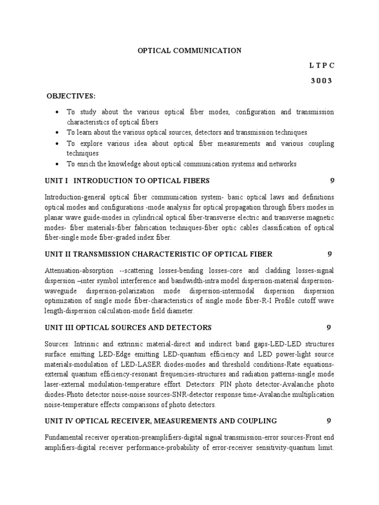 Optical Communication Syllabus PDF Optical Fiber Optics