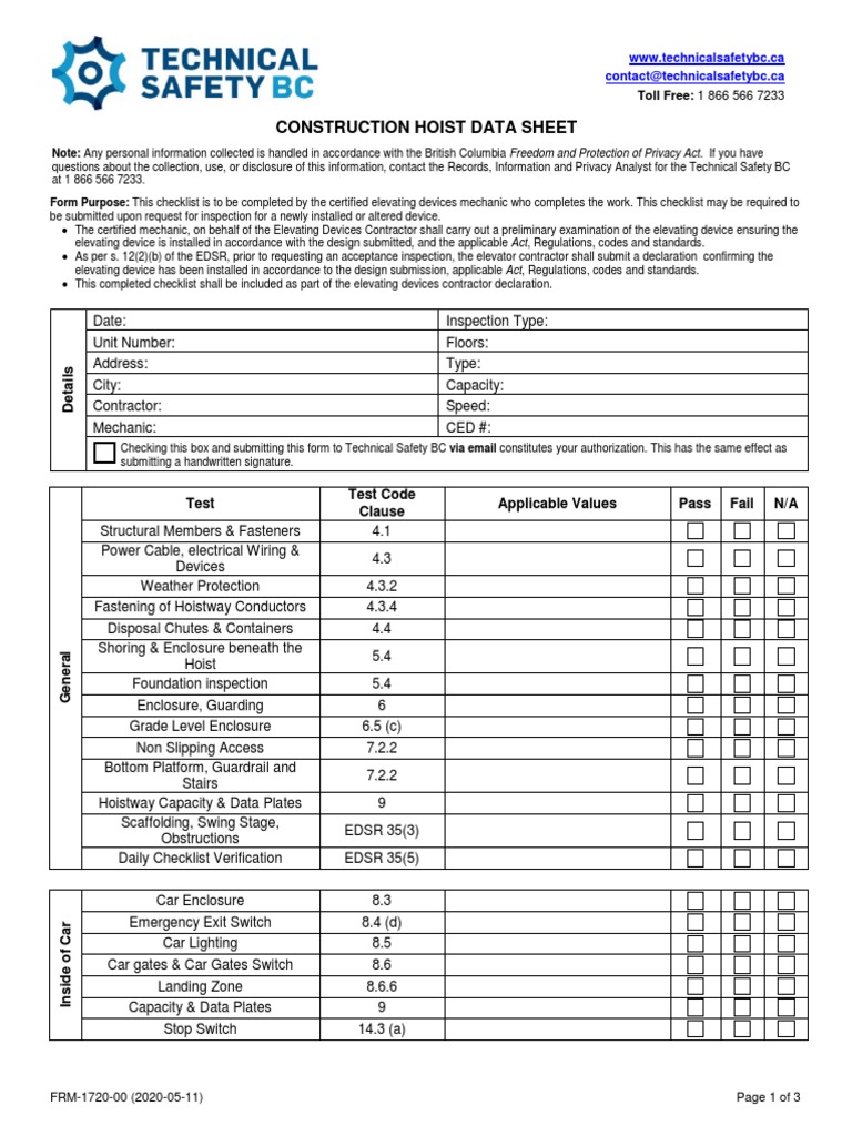 Construction Hoist Data Sheet Test Test Code Clause Applicable Values