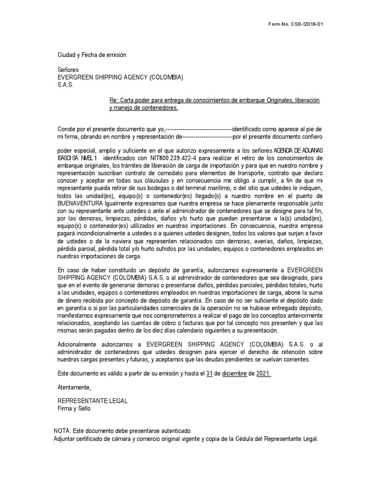Carta Poder Embarque | PDF | Servicio de envío | Business