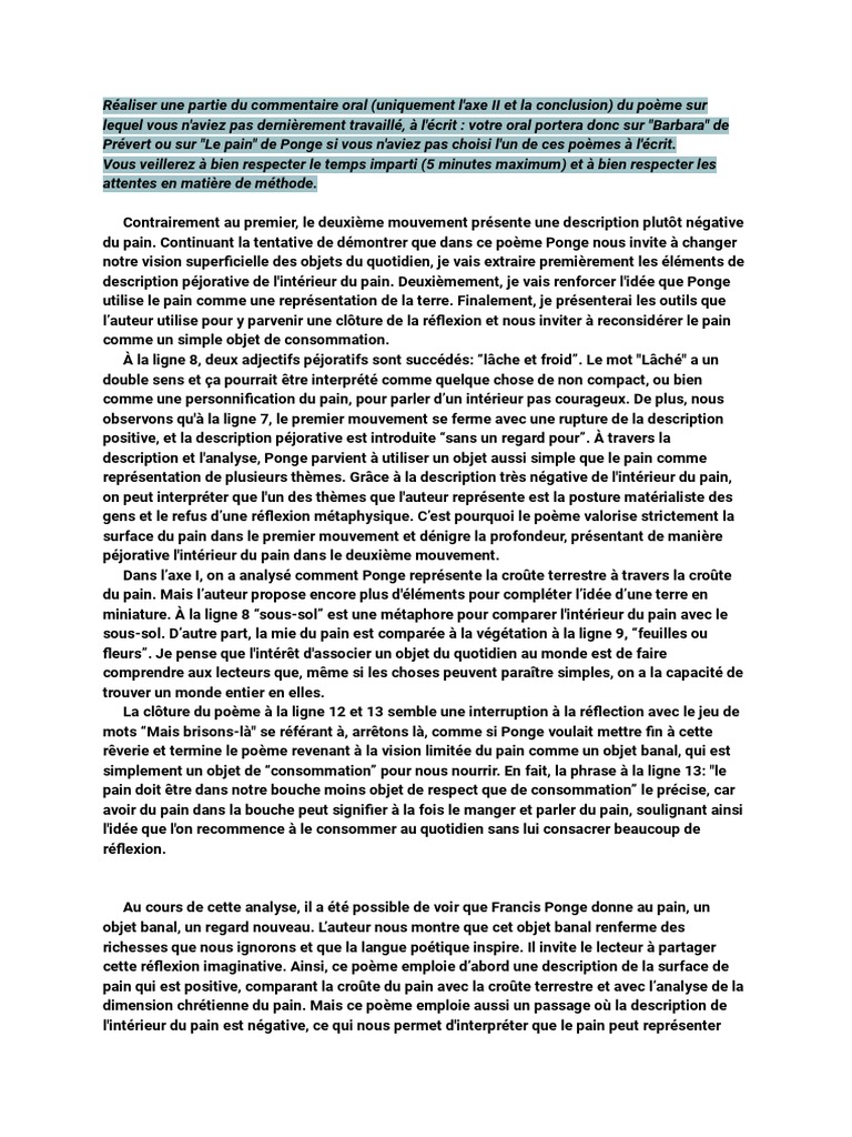 Le Pain Francis Ponges Analyse Linéaire Le Pain de Ponge (Axe II Et Conclusion) | PDF | Poésie | Pains