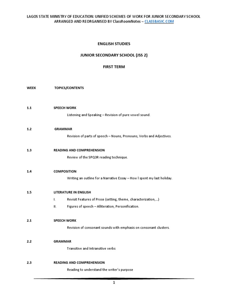 English Studies Junior Secondary School (Jss 2) First Term PDF
