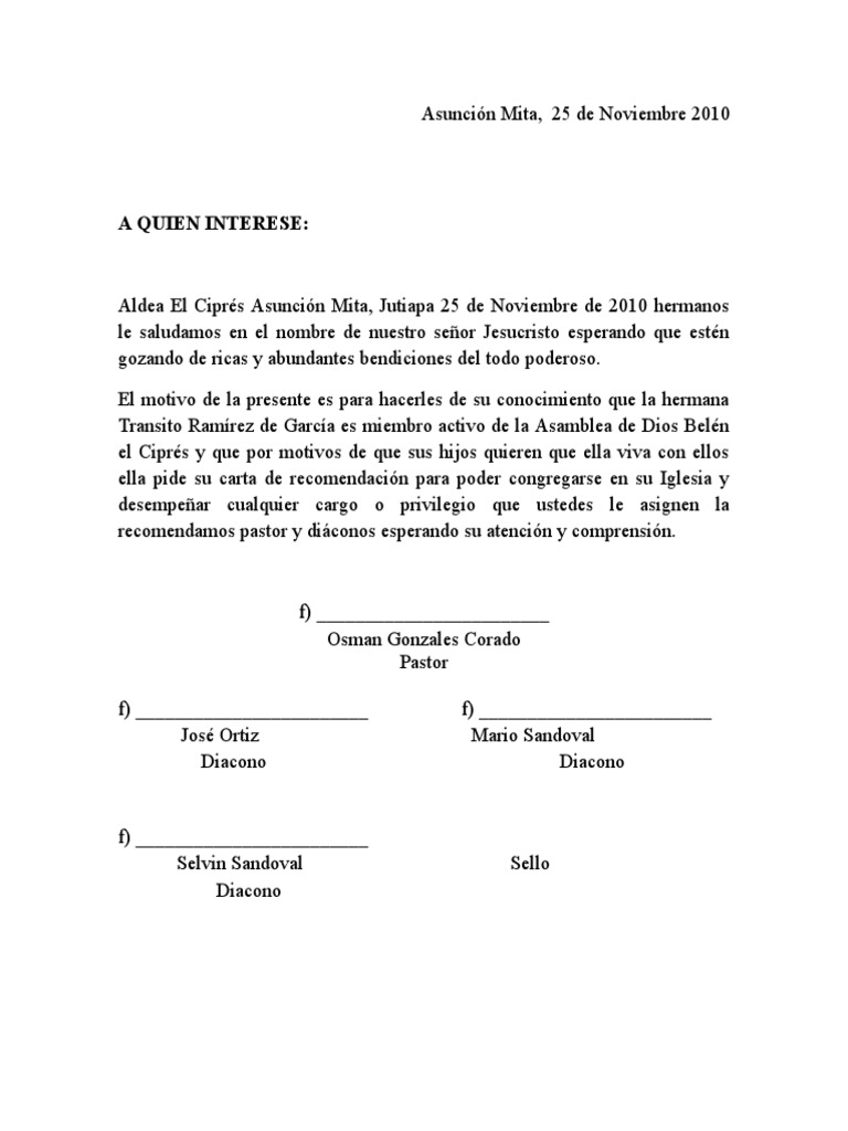 Carta De Recomendacion Iglesia Evangelica - q Carta De