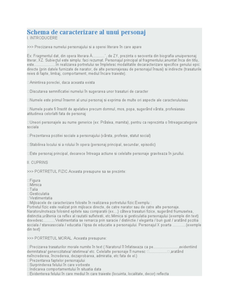 Schema de Caracterizare Al Unui Personaj | PDF