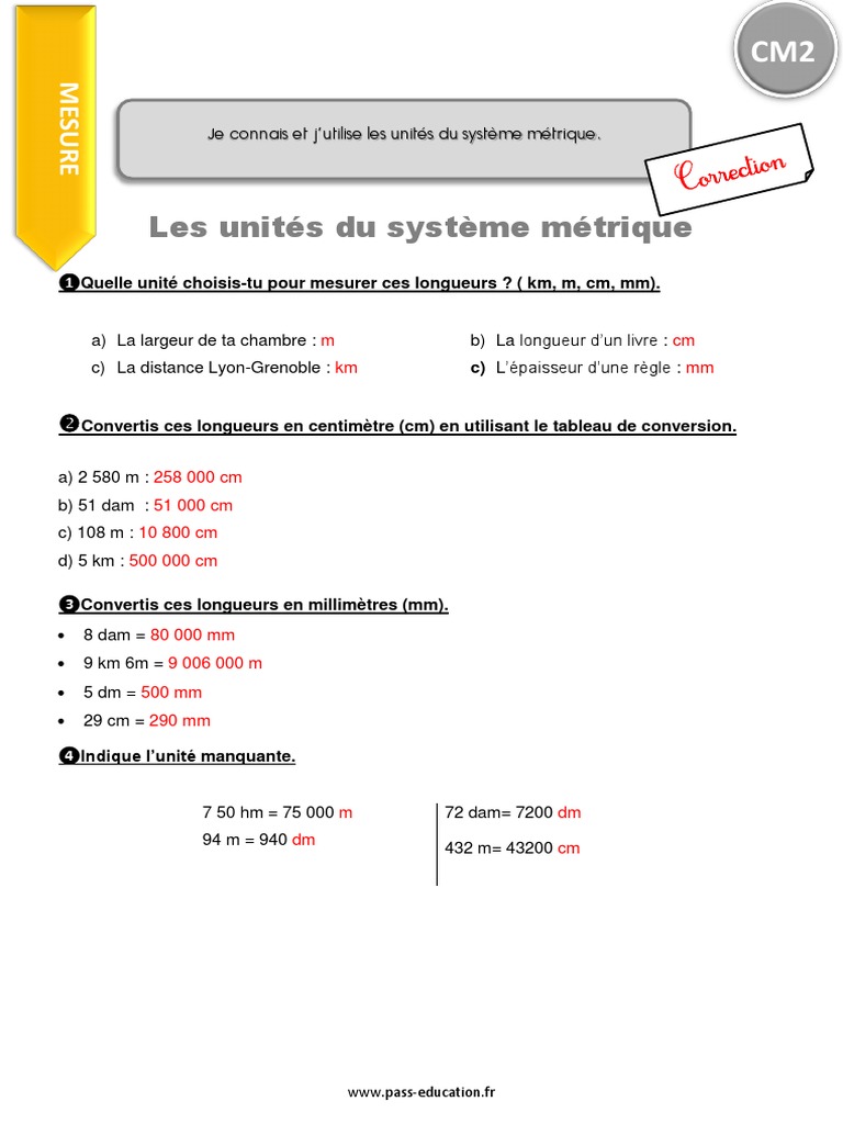 Evaluation Mesure De Longueur Cm2 Je Connais Et J'utilise Les Unités Du Système Métrique CM2 Correction | PDF