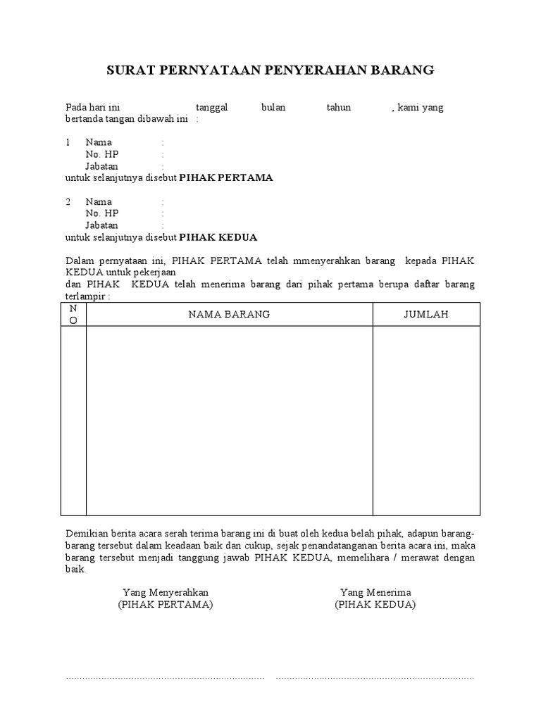 Surat Pernyataan Penyerahan Barang | PDF
