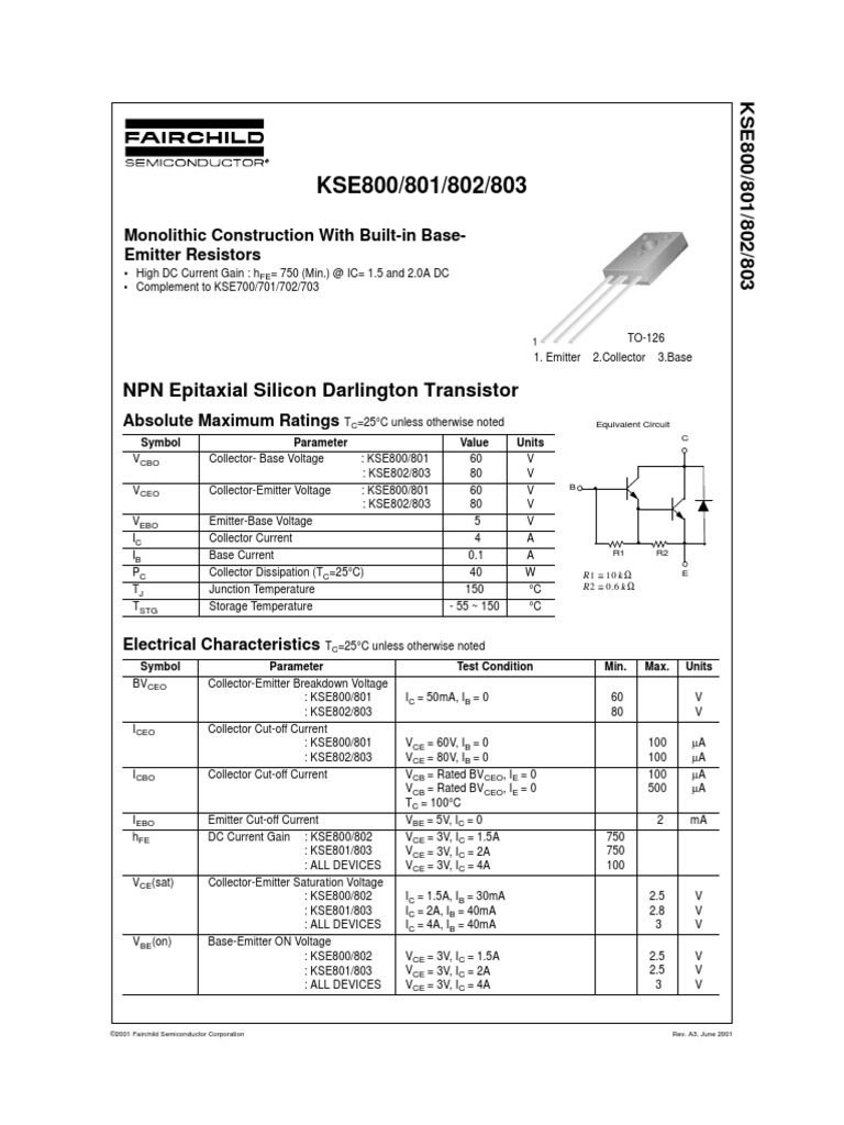 NPN Epitaxial Silicon Darlington Transistor Monolithic Construction